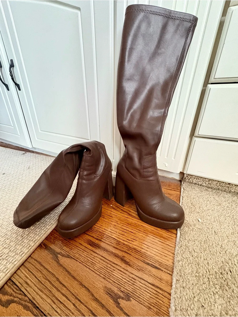Brown Knee-High Platform Block Heel Boots - Women